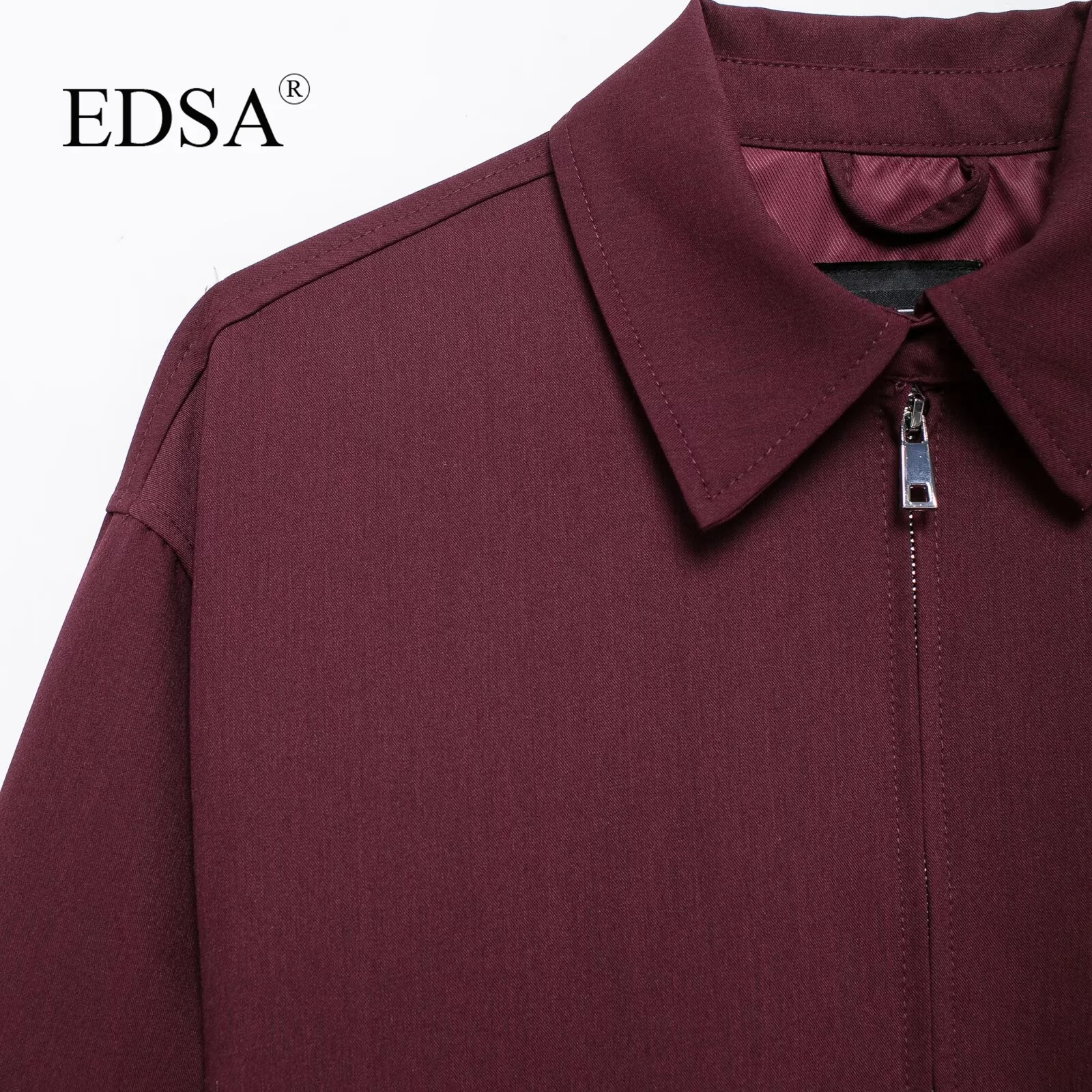 EDSA Women Vintage Loose Zipper Jacket Lapel Burgundy Color Jacket New 2024 Autumn Fashion Versatile Street Outwear Jacket