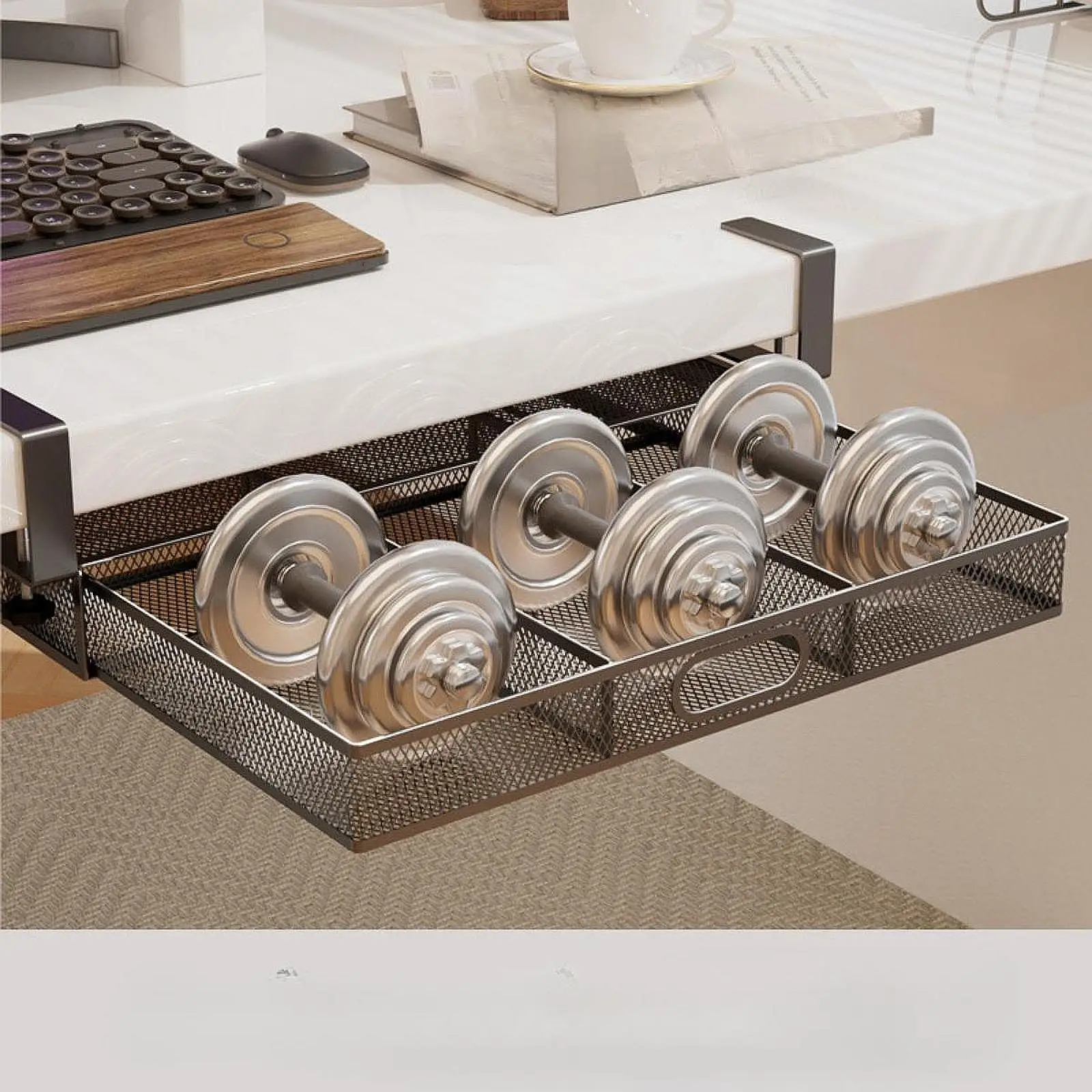 

Under Desk Drawer Basket Hanging Pullout Drawer Basket Container Tray Metal Invisible Sliding for Home Desktop Office Kitchen