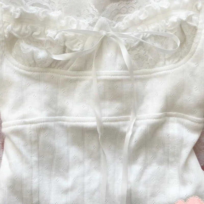Deeptown Sweet Kawaii White T-shirts Women Shoujo Fashion Coquette Bow Short Sleeve Tees Korean Style Lace Patchwork T-Shirts