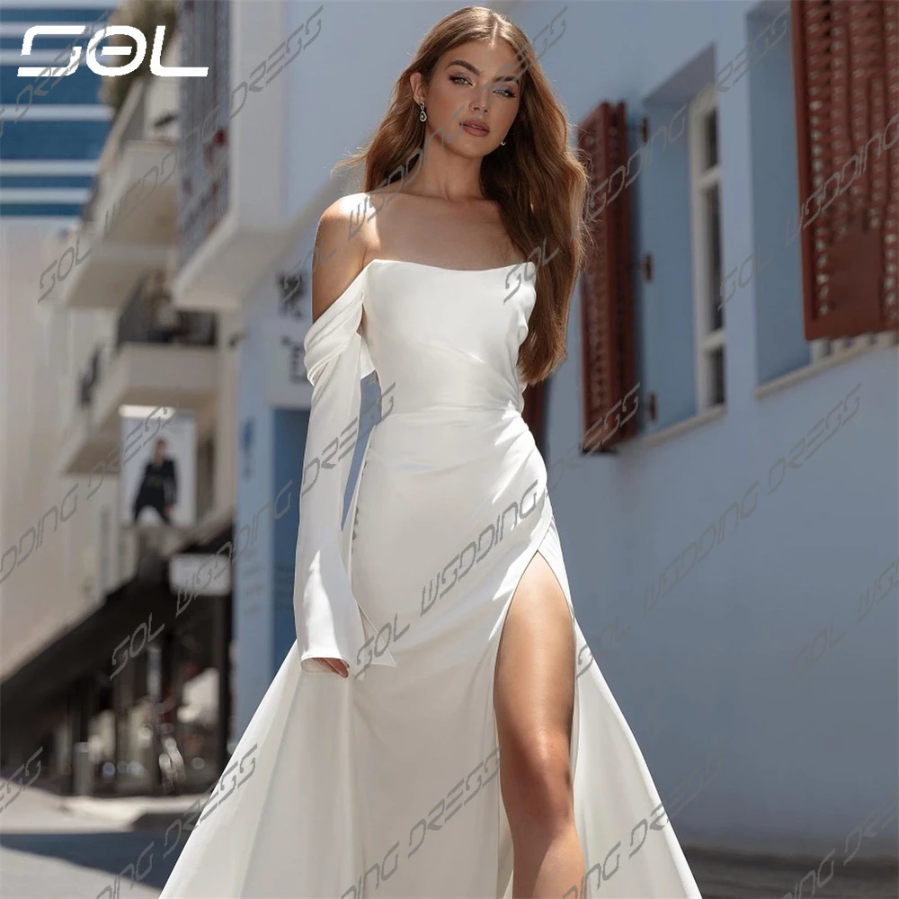 Robe de Mariée en Satin à Manches Trois Quarts, Simple, Sexy, Dos aux, Fente Latérale, pour Patients Sirènes