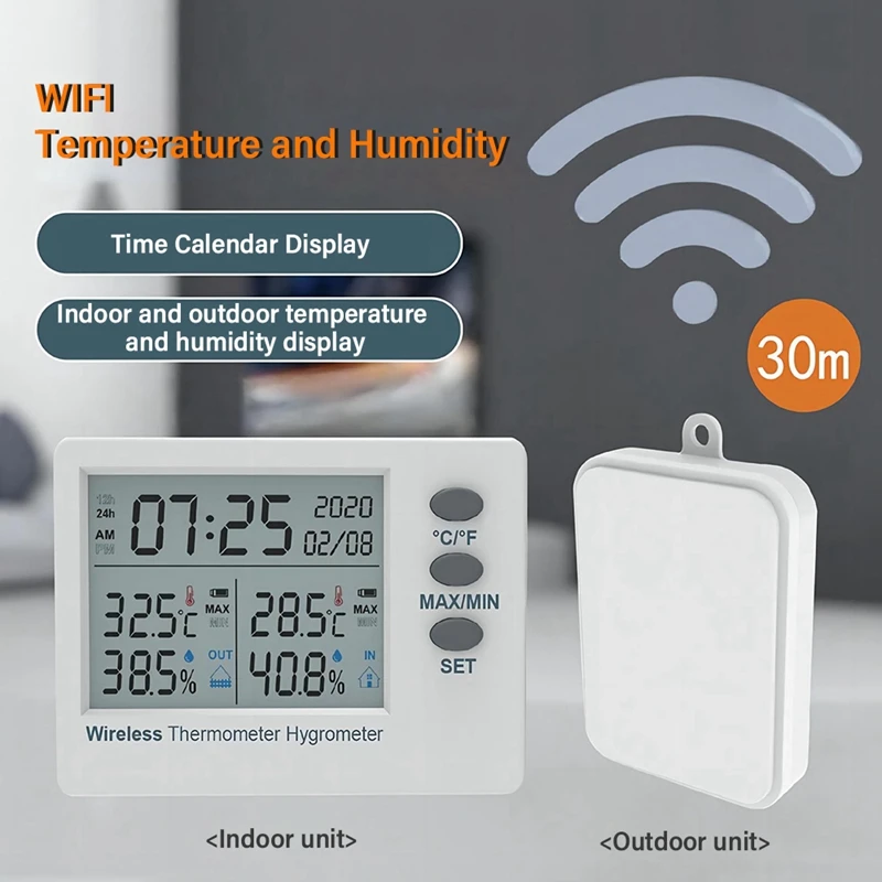 Imagem -04 - Termômetro e Higrômetro sem Fio Wifi Medidor de Temperatura e Umidade Digital Tela Grande Tempo Eletrônico Interior e Exterior