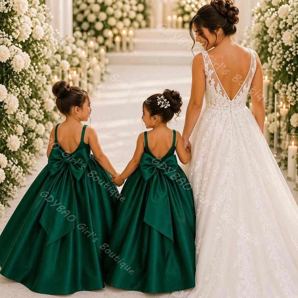 Elegant Kids Dress Scoop Neck Open Back Flower Girl Dress for Wedding Birthday Pageant With Satin Bow Children‘s Clothing Custom