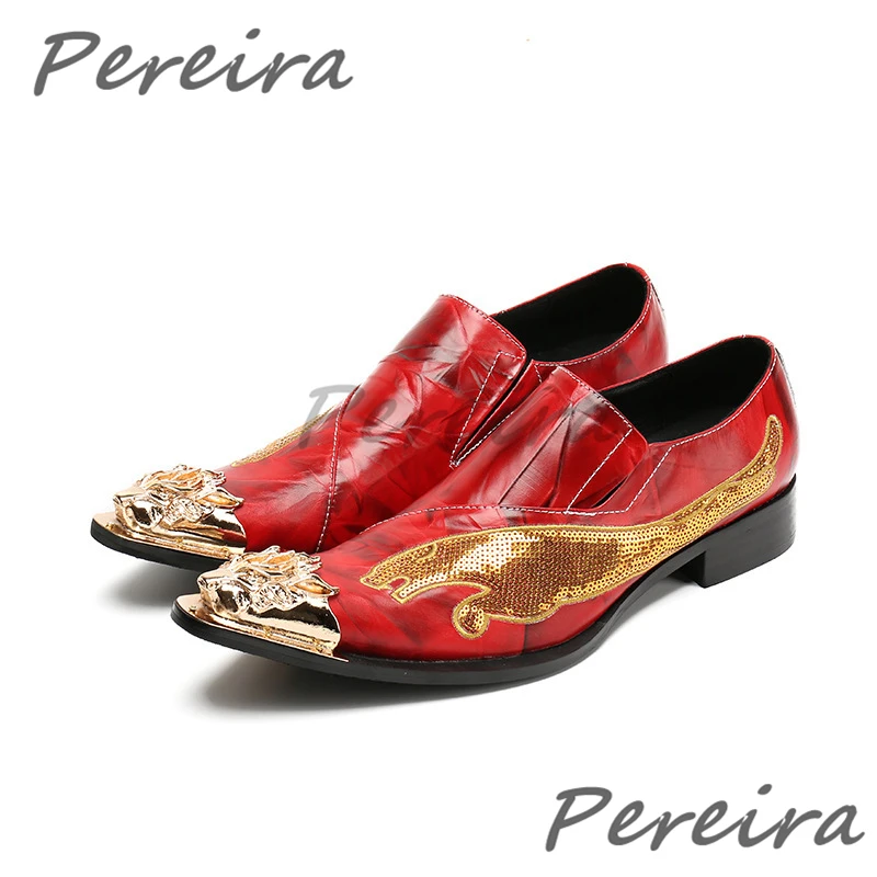 Golden Sequin Business Casual Shoes for Men Luxury Embroidery Metal Pointy Toe Loafers British Style Genuine Leather Dress Shoes