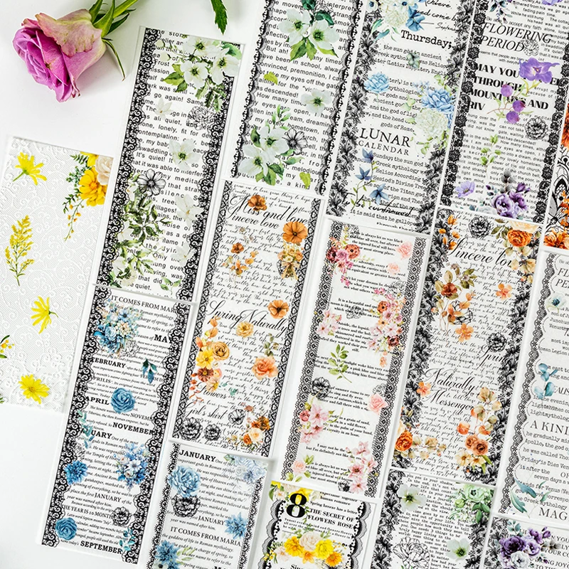 Mr. Paper, 6 Styles, 18 Sheets/pack, Dual Material Lace Floral Strip Stickers, Handmade Collage Base Decorative Stickers