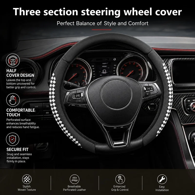 Unbranded car steering wheel black and white checkered protective cover，3D Granular anti-slip comfortable steering wheel grip pr