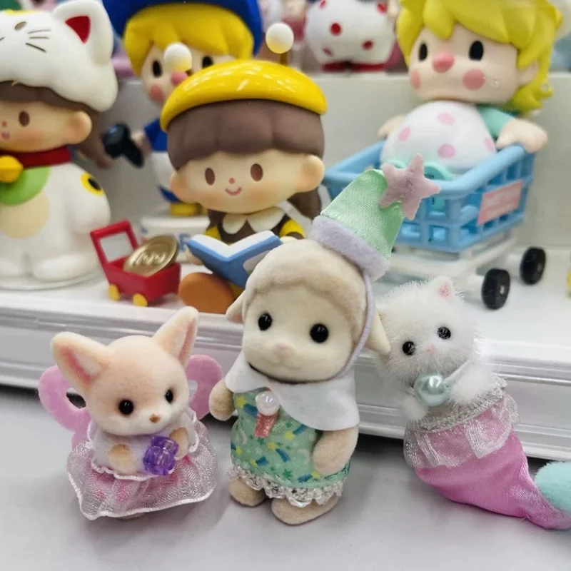 Sylvanian Forest Rabbit Grove Family Dollhouse Rainbow Drooping Ear Rabbit Cake Gathering Girl Flocking Families Doll Decoration