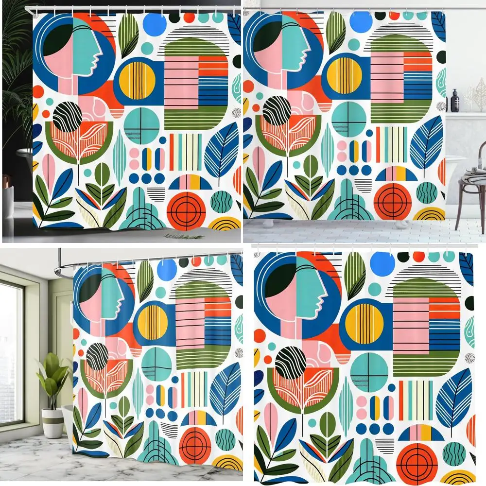 

красочная занавеска для душа в стиле бохо: абстрактные узоры листьев на мягкой ткани для современного декора ванной комнаты