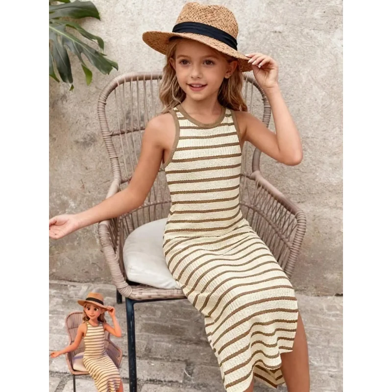 Girls' Bohemian Sleeveless Striped Dress Slim Fit Split Design Breathable Knit Fabric Summer Beach Garden Photoshoot Dress
