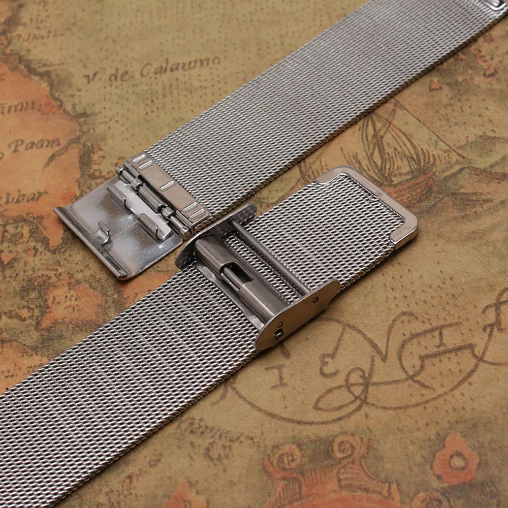 Pulseiras de relógio prateadas 10mm-24mm, ultrafinas, malha de aço inoxidável completa, pulseira de relógio de pulso para homens e mulheres, fecho de segurança, acessórios de relógio