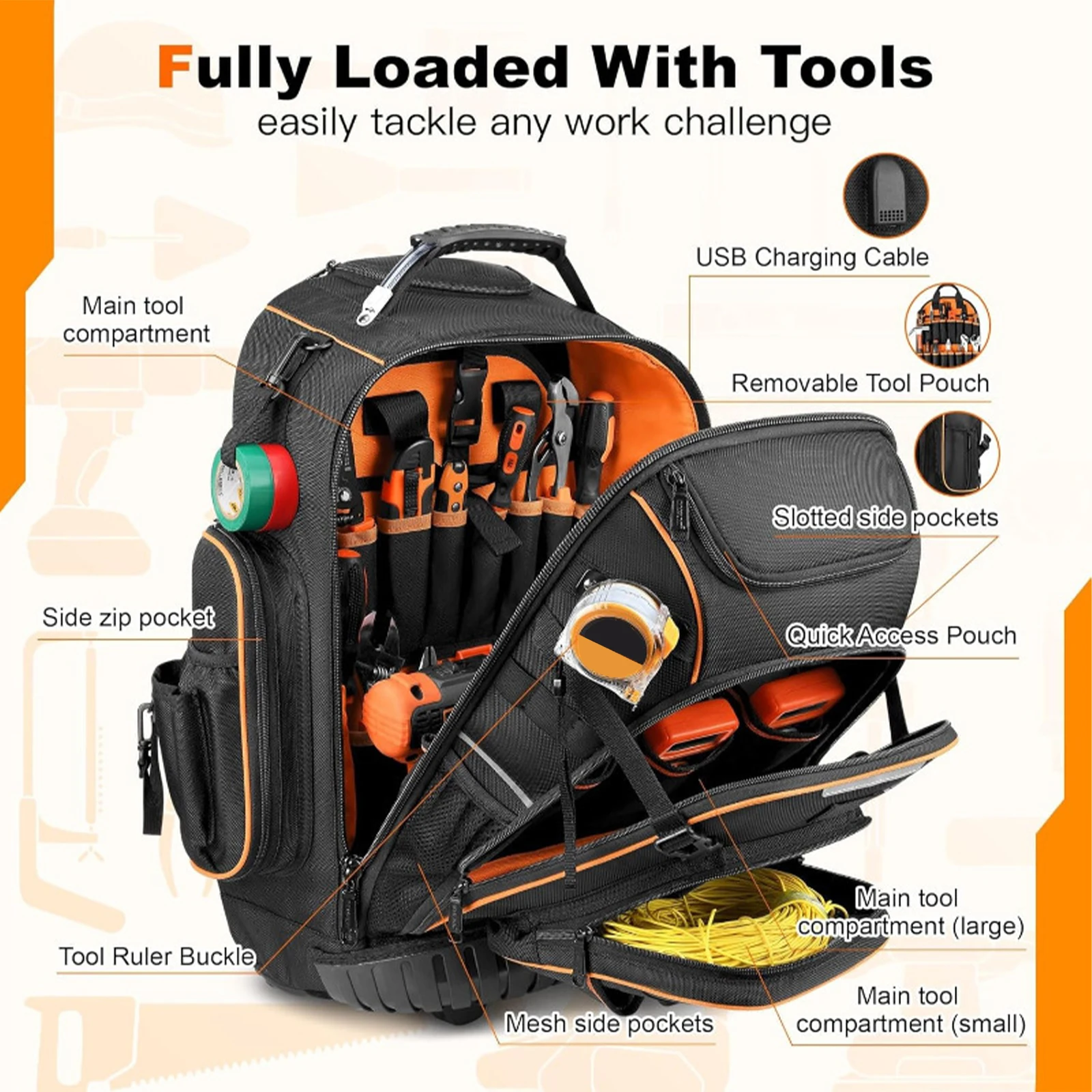 Backpack Tool Bag USB Charging Port Electrician Backpack with Wheels Rolling Electrician Bag for Electricians & Home Repair