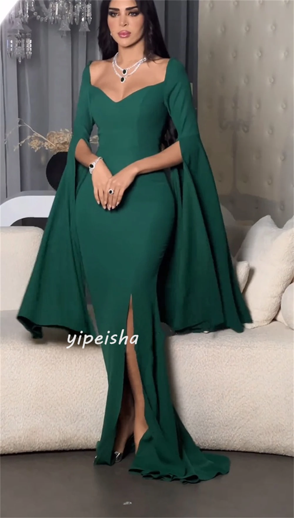 Chinese Style Sizes Available Jersey Pleat Mermaid V-neck Long Dresses Flouncing Celebrity Dresses High Quality Matching Retro