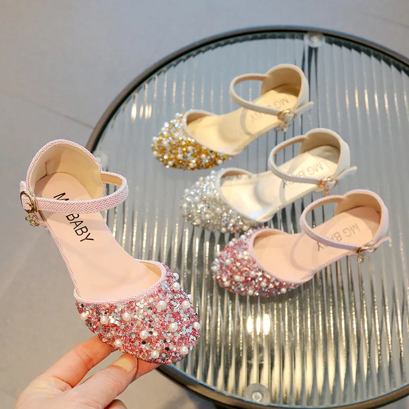 Children's Sequins Sandals Girls Beaded Rhinestone Princess Shoes Fashion PerformanceParty Kids Soft Bottom High Heel Sandals