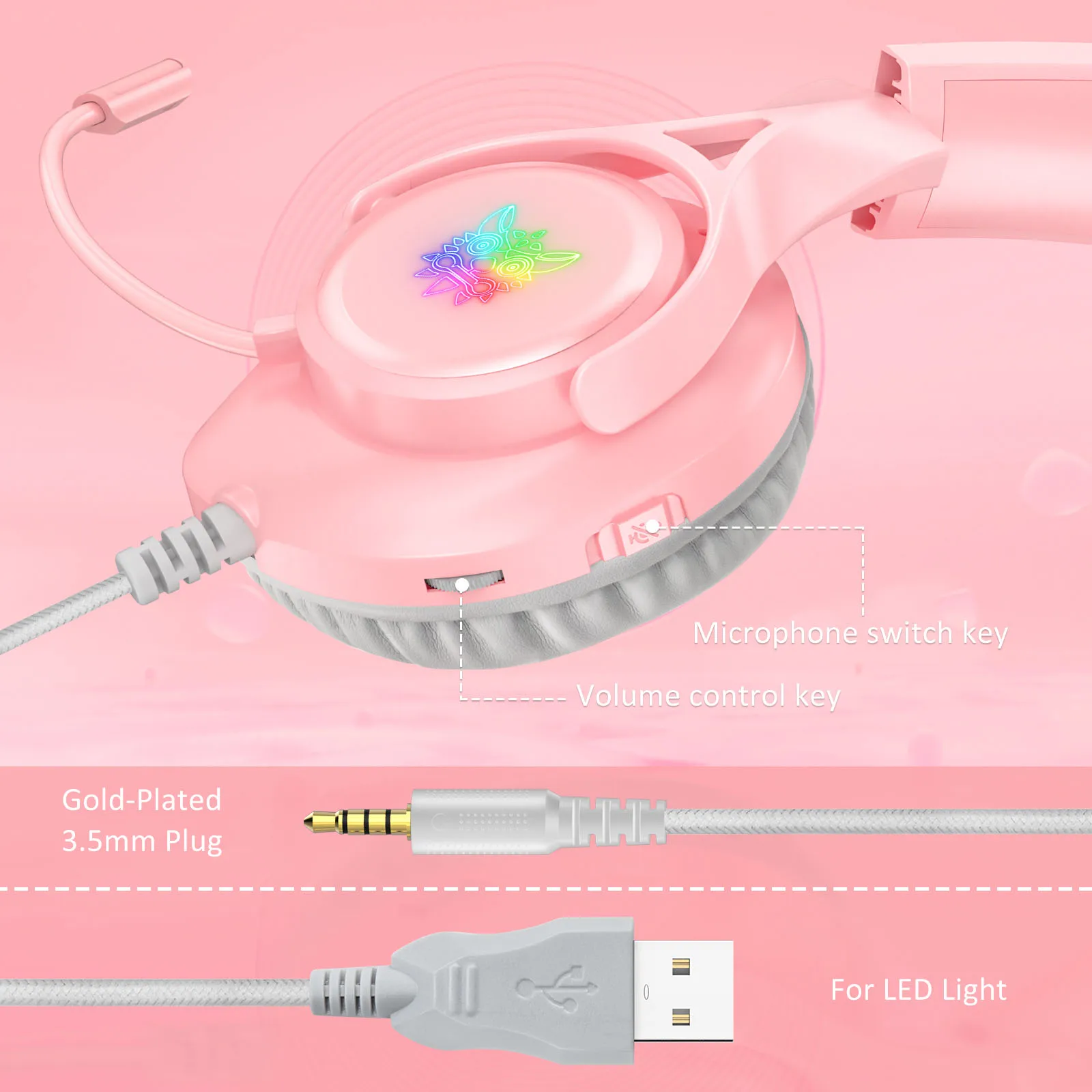 ONIKUMA X16 Wired Headset with Noise Reduction Microphone Surround Sound RGB Light 3.5mm+USB Computer Headset Pink