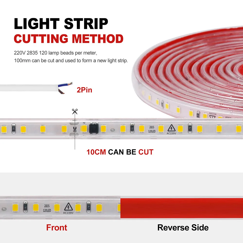 2835 Led Strip Lights with 2pin wire Adhesive Tape AC 220V 230V 120 LEDs 0.5m 2m 5m 10m 20m 50m Waterproof Bright Diode Dimmable