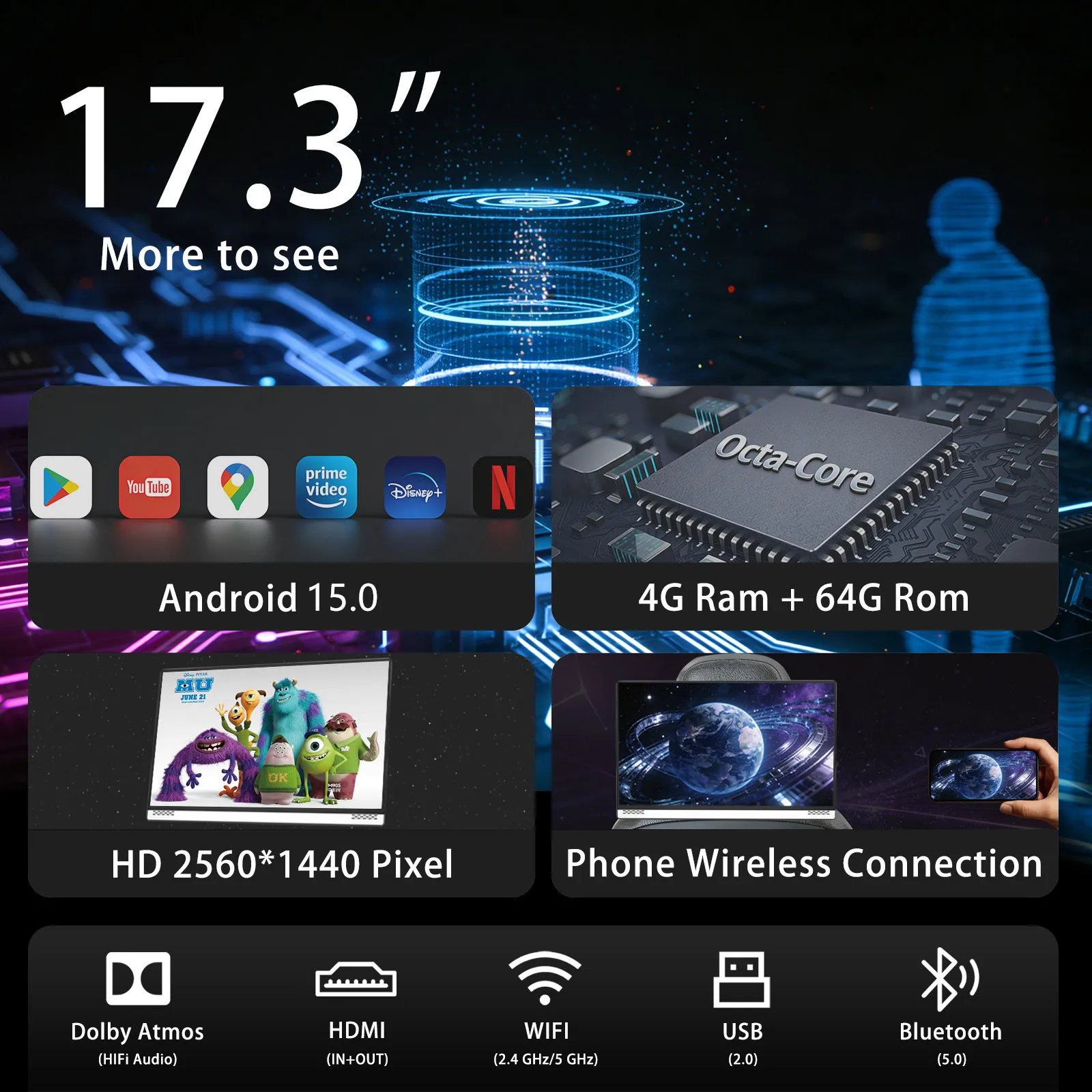 17.3 Inch Android15.0 Car Headrest Display 2560*1440P UHD TV Supports Wireless Mirror Synchronous HDMI/BT/5GWIFI 4K Video Player