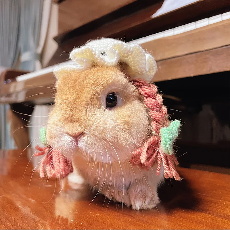 Rabbit Knitted Hat for Pet Rabbit Decorative Bunny Scarf Collar Small Animal Clothes Hat Guinea Pig Stuff Rabbit Pet Accessories