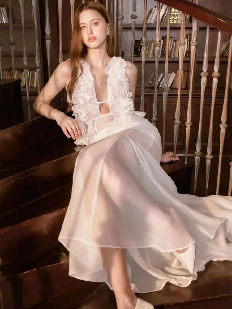 Vestido largo sexi con escote en V profundo y volantes con cordones y flores para mujer, vestidos ajustados florales sin mangas y espalda descubierta para fiesta de cumpleaños y cóctel