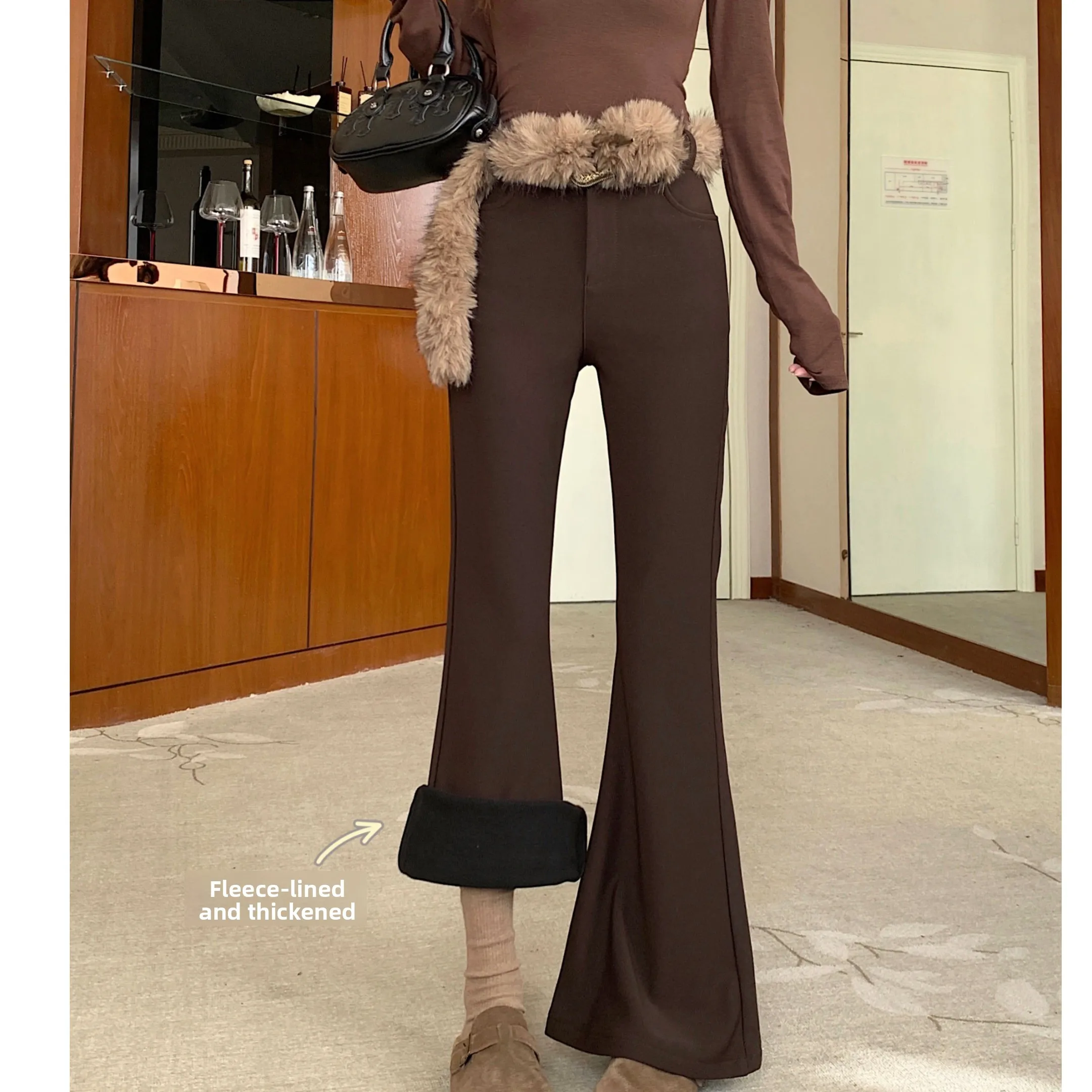 Frauen Hohe Taille Fce Gefüttert Thiened Herbst Winter Bell Bot Casual Hosen Abnehmen Micro Ausgestelltes Lange Hosen