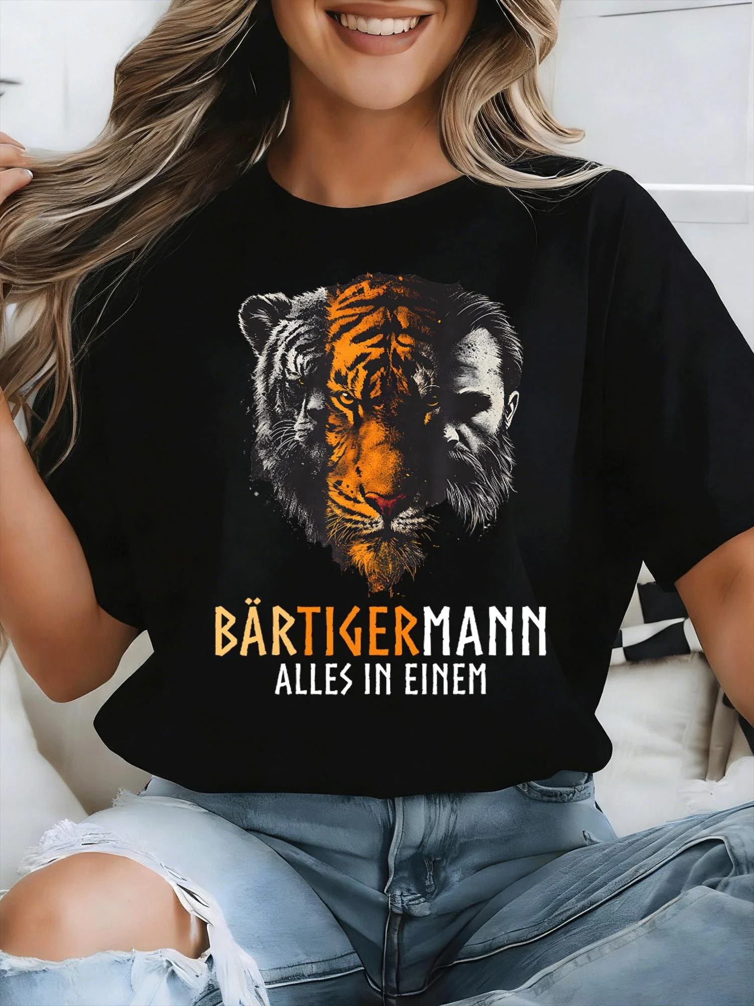 Men's Fun Bartigermann Alles in Einem Bear Tiger T Shirt Vintage Tee Black Unisex Suitable for All Seasons Fashionable Loose Fit