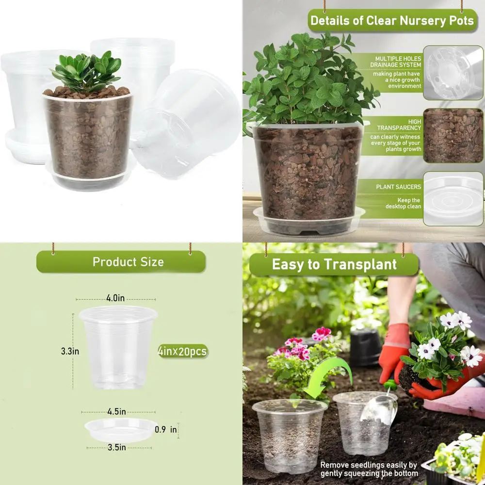 

20 Pack 4 Inch Clear Nursery Pots,Plastic Transparent Plant Pot with Drainage Holes and Saucers,Plant Pot Seed Starter Pots for