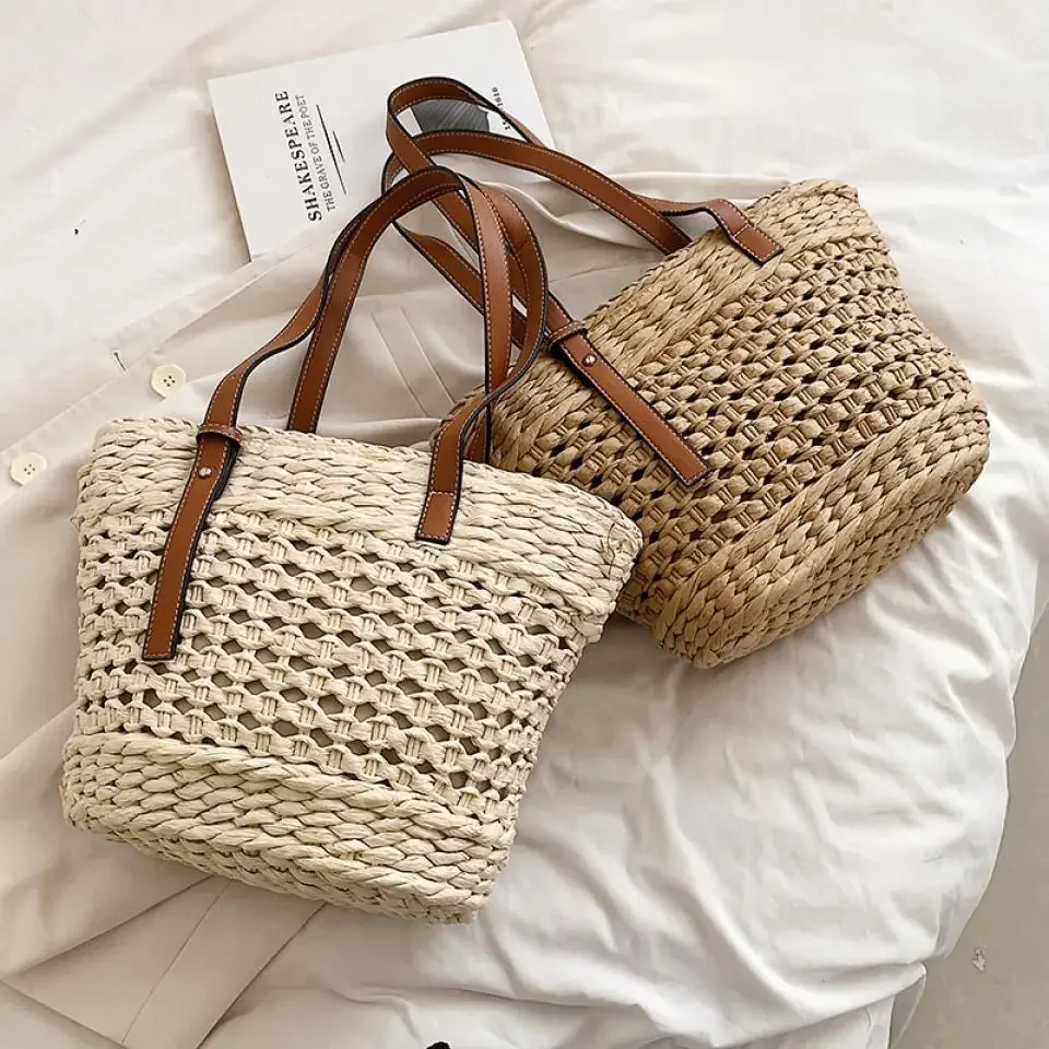 

Summer Handwoven Straw Beach Tote Bags for Women Vintage Hollow Out Handbag Basket Rattan Vacation Crossbody Shoulder Bag