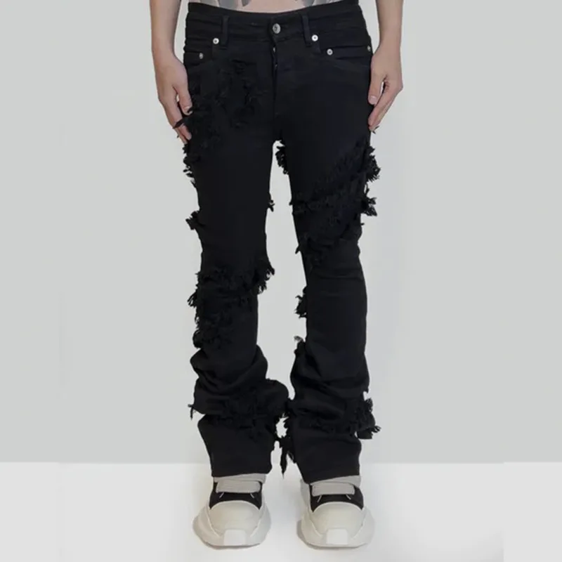 PFNW American High Street Raw Edge Splicing Slim Fit Black Denim Pants Male High Stretch Ribbon Unisex Flare Jeans Tide 28W5669