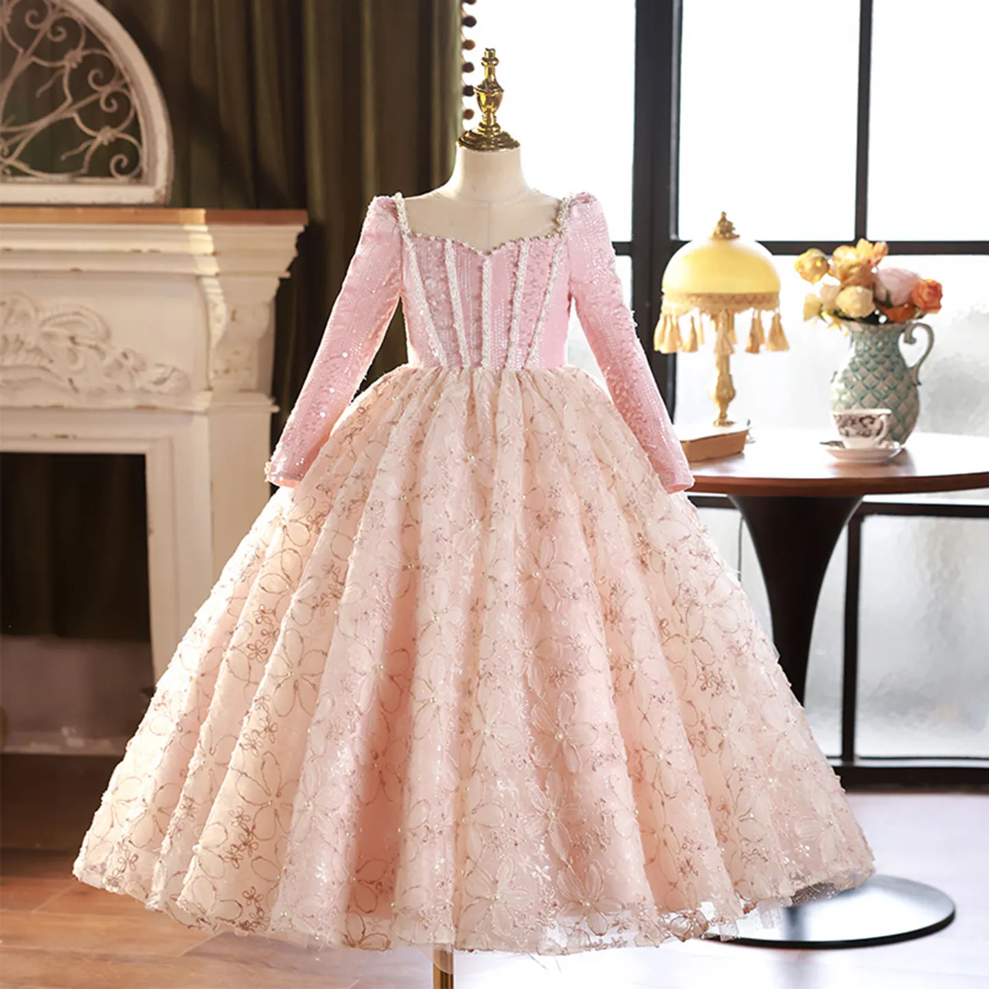 Jill Wish Luxury Pink Long Sleeve Beaded Princess Birthday Girl Dress Lace for Children Birthday Wedding Pageant Party J291