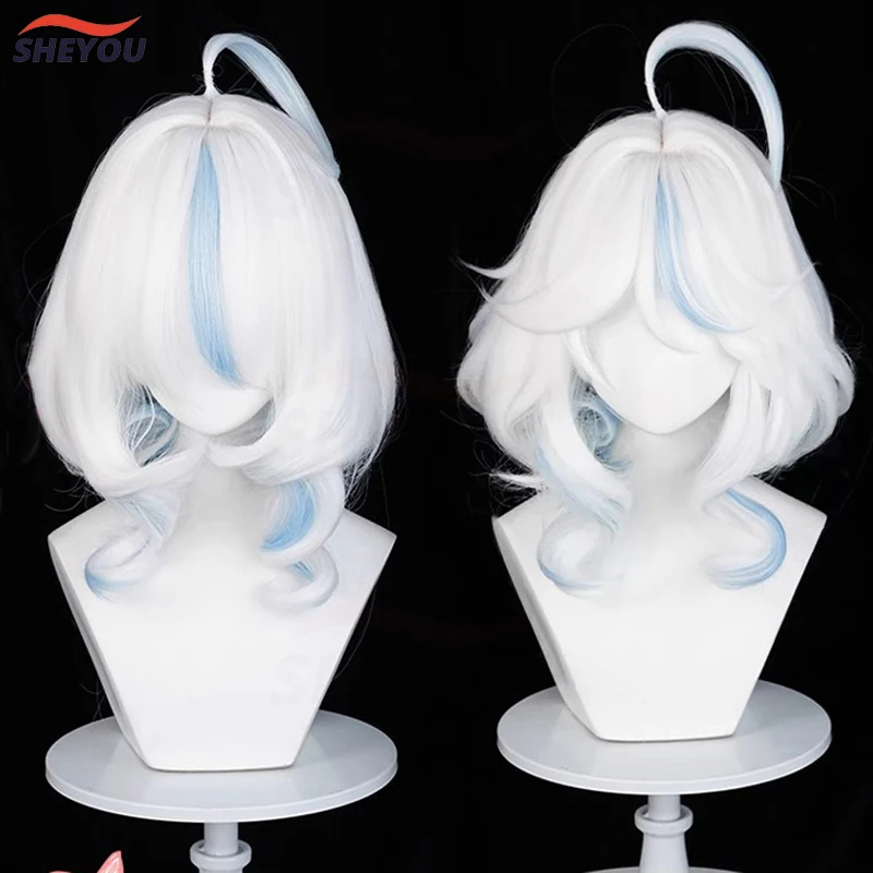 Sainte Focalors-Furina Cosplay peruca para mulheres, cabelo curto encaracolado, branco e azul, resistente ao calor, anime perucas, boné