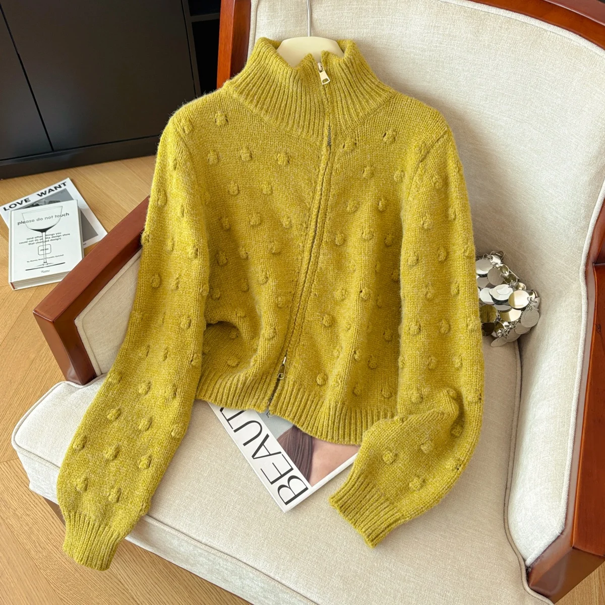 Women's Apricot Knit Cardigan Sweater Vintage Jumper Knit Long Sleeves Turtleneck Cashmere Sweater Autumn Winter 2000s Clothes