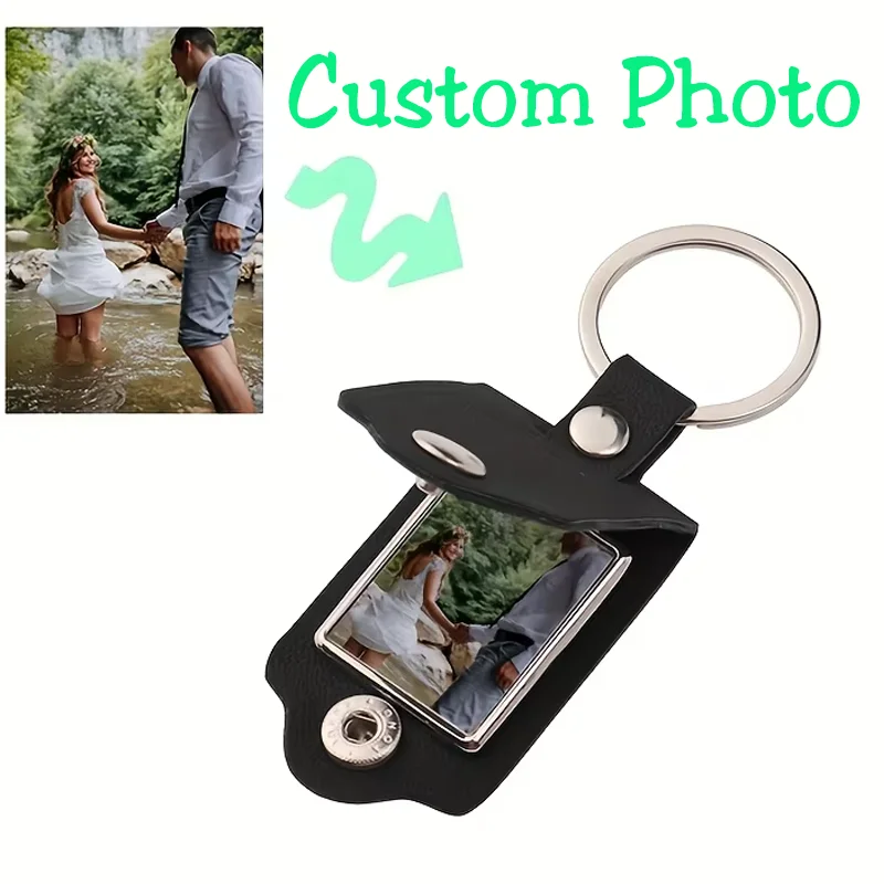 Porte-clés en cuir pour homme avec motif photo personnalisé, porte-clés en métal gravé avec photo personnalisée, cadeau pour la fête des pères ou Noël.
