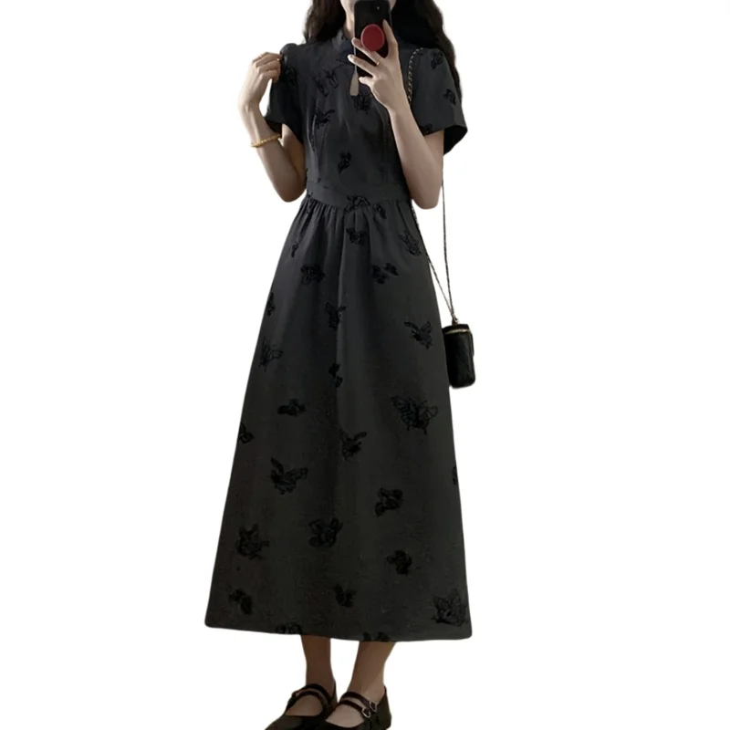 여성 여름 Y2K 슬림핏 A라인 드레스, 복고풍 나비 프린트 컷아웃 디자인 개구리 버튼 틈새 그레이 중국 스타일 치파오