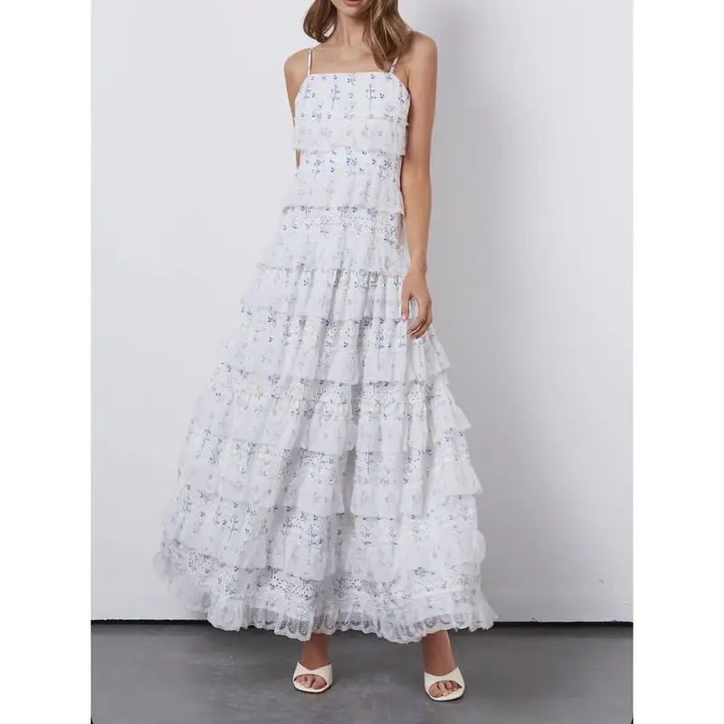 Combhasaki 女性の夏の調節可能な薄いショルダーストラップノースリーブスクエアネックレースパッチワーク Patchwoek A ラインキャミロングドレス