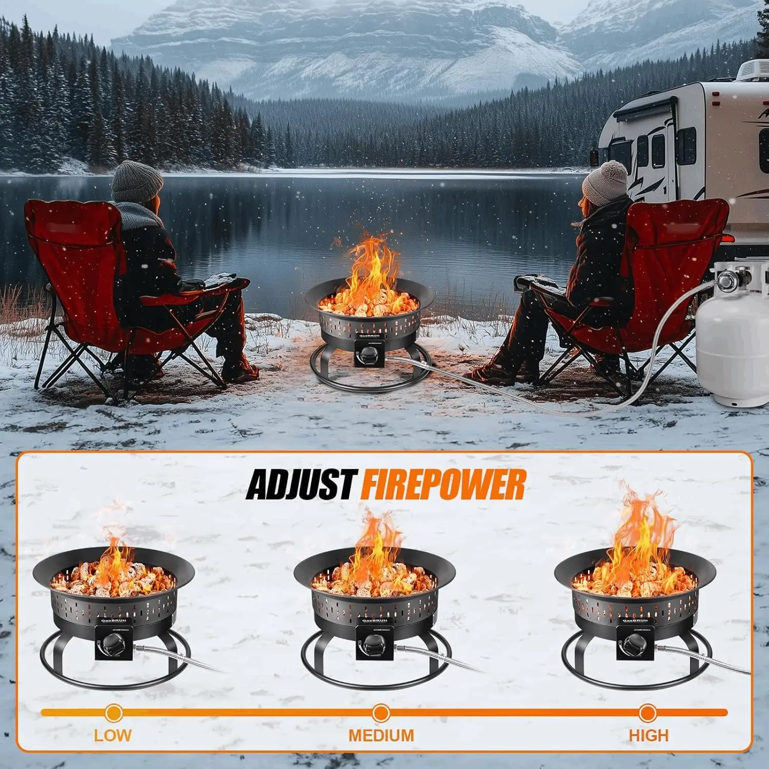 Portable 19-Inch Camping Propane Fire Pit with 60,000 BTU Output, Grill Grate, Cover and Carry Kit, Outdoor Fireplace