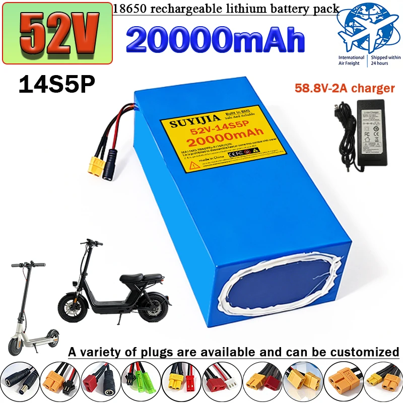 

Lithium battery 14S5P 18650 52V 30000mAH with BMS 1500W high power 58.8V-2A charger suitable for vehicles tools energy storage