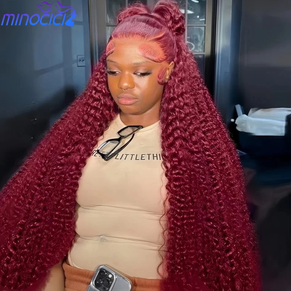 

Парик из натуральных волос 99J Burgundy Deep Wave, 13X6 HD Lace Frontal, 100% человеческие волосы, плотность 250, кудрявый, красный, предварительно прорезанный, бразильский парик