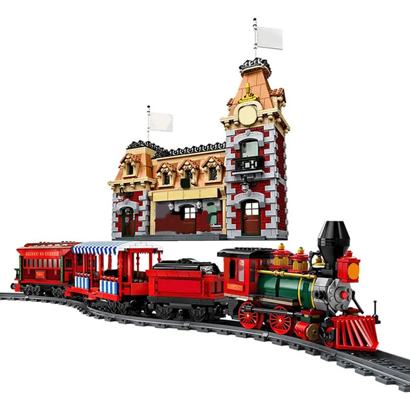 2927PCS MOC Disneyland Train and Station Assembling Building Blocks Train Station Model Educational Toys Gifts Ornaments
