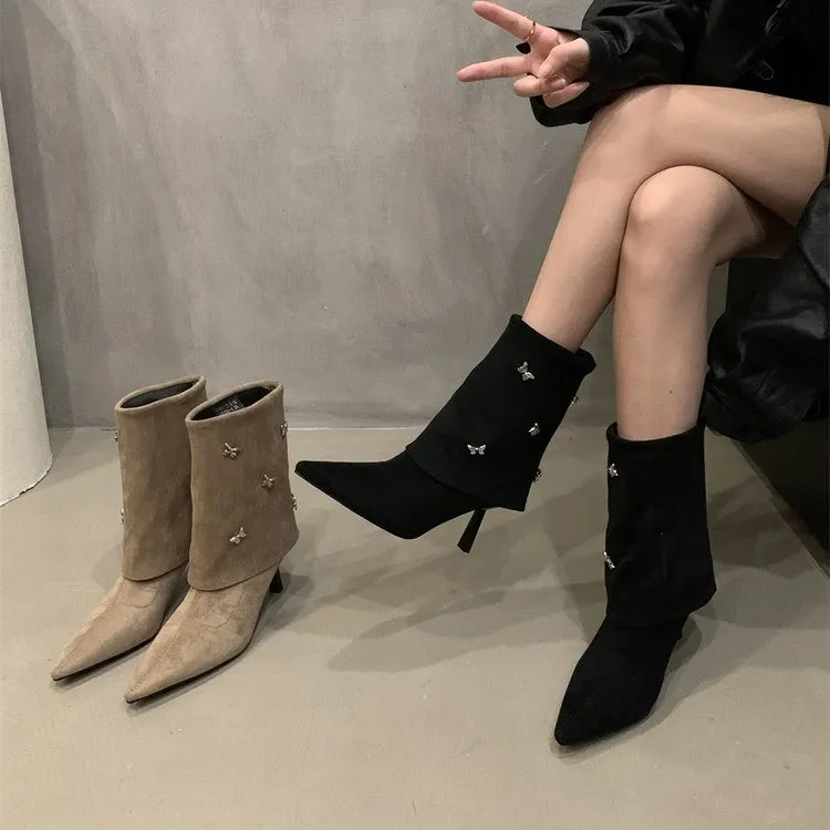 

Black Flock Women Autumn Boots Small Metal Butterfly Decor Short Botas Side Zipper Thin High Heels Apricot Winter Botines Mujer