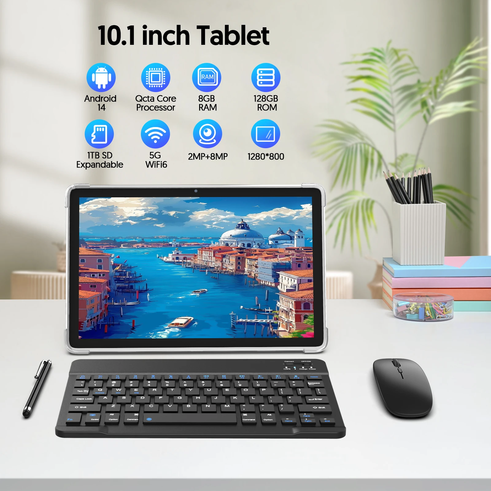 Tablet Android 14, con tastiera, mouse, custodia protettiva, stilo, 8(4+4) GB+128 GB, processore octa-core, certificazione GMS