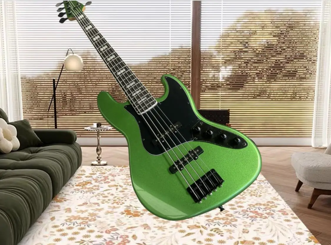 5 string metal green bass guitar,fixed bridge ,solid wood body,black pickguard,active line,rosewood fingerboard, factory custom