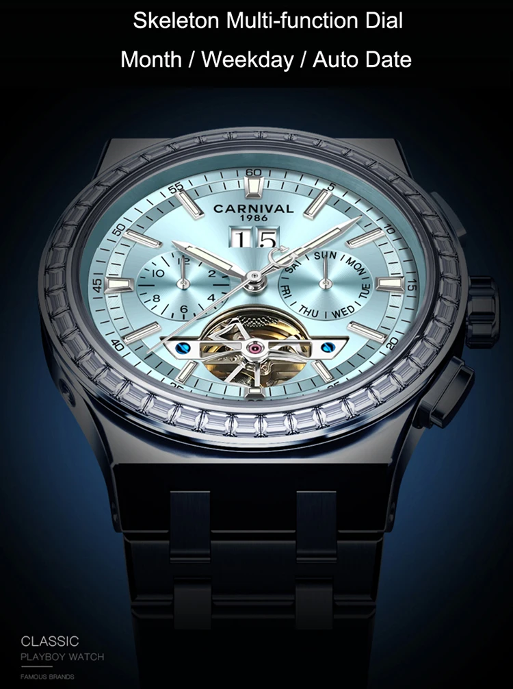 NEW Luxury Brand Automatic Mechanical CARNIVAL Men's Watches Dual Skeleton Sapphire Multi-function Luminous Diamond Clock C8116G