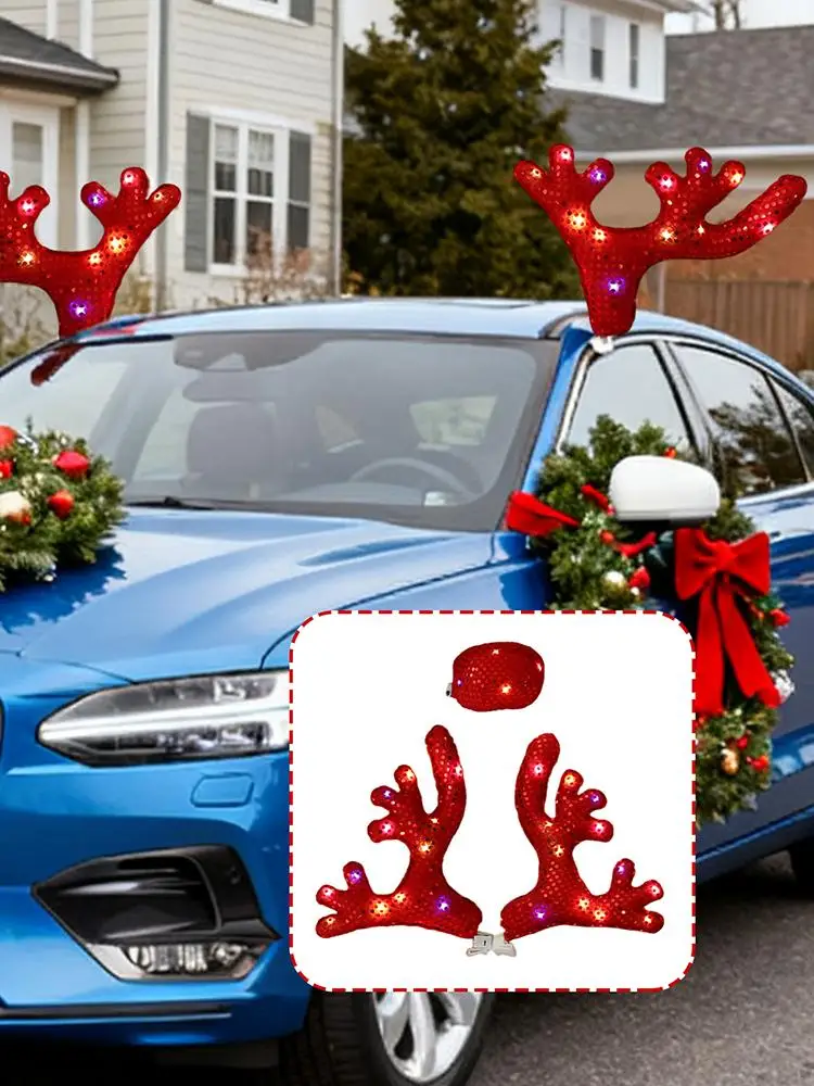 

LED Reindeer Decoration Rudolph Christmas Reindeer Antlers Car Reindeer Antlers & Nose Kit Vehicle Decorations Christmas Set