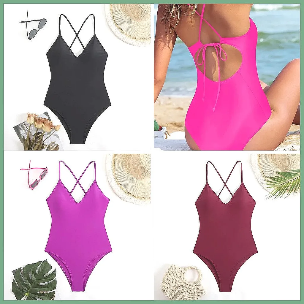 

Sexy Backless One Piece Swimsuit for Women, Adjustable Straps Solid Bathing Suit Bodysuit