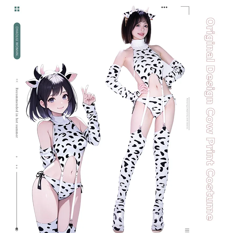 

SENMHS Original Cute Cow Print Bikini Sweater Set with Matching Gloves & Socks – Sexy Cosplay Outfit for Women