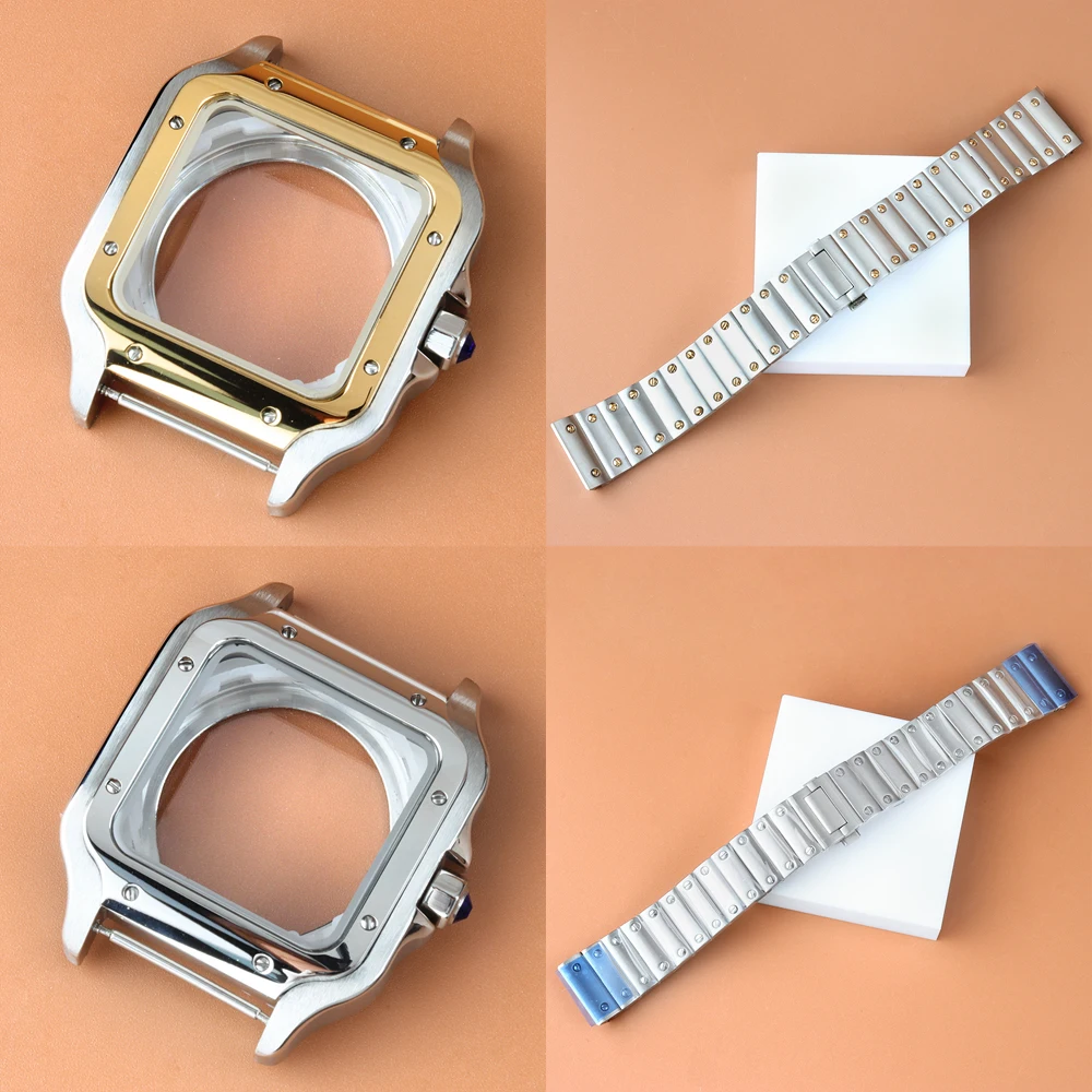 

Square Gold/Silver 38mm NH35 Case For Santos Watch Case Stainless Steel Watchbands Fit NH35 NH36 NH38 Movement 27mm Dial