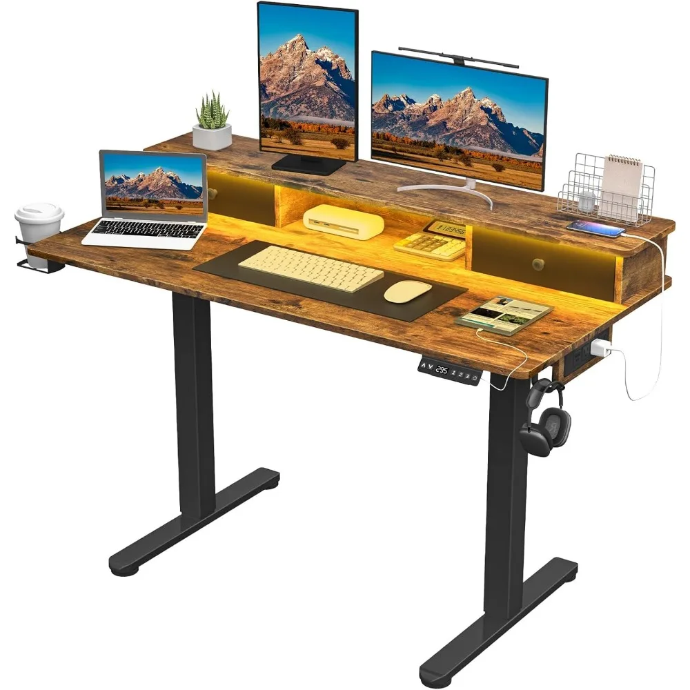 

Electric Standing Desk Adjustable Height, LED Stand Up Desk with Drawers and Charging Station 48 Inch Ergonomic Sit Stan