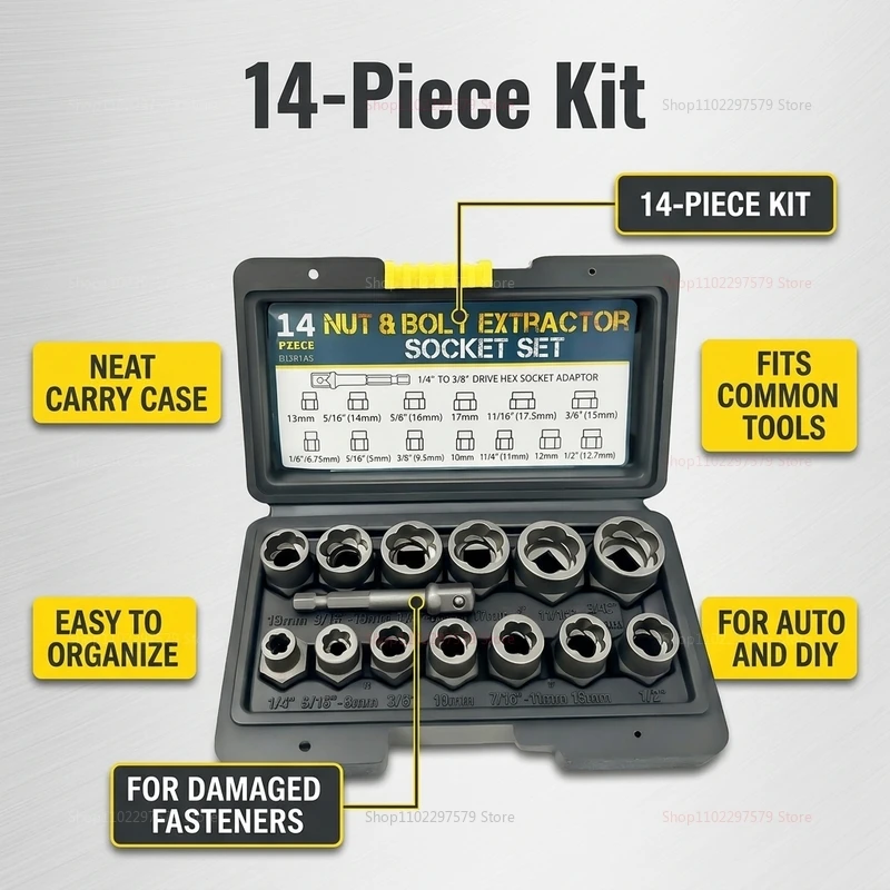 

14pcs Bolt Extractor Set for Stripped Damaged Frozen Rusted Rounded Bolt Removal Automotive Machinery Repair Tools
