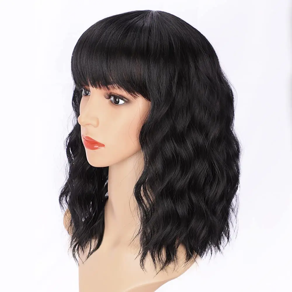 Synthetic Bob Wig with Bangs Short Wavy Black Wigs for Women Bob Style Synthetic Heat Resistant for Daily Use