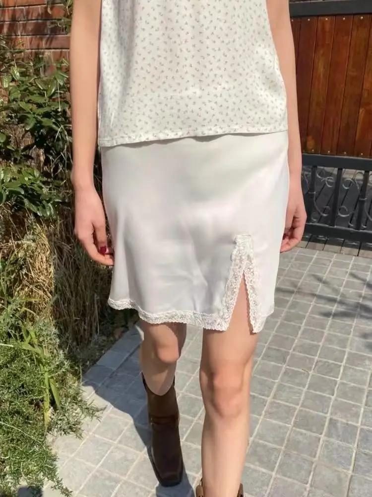 

Lace Patchwork White Split Mini Skirt Women Summer New Lace Trim Elastic Waist Preppy Style Sweet Elegant A-line Short Skirts