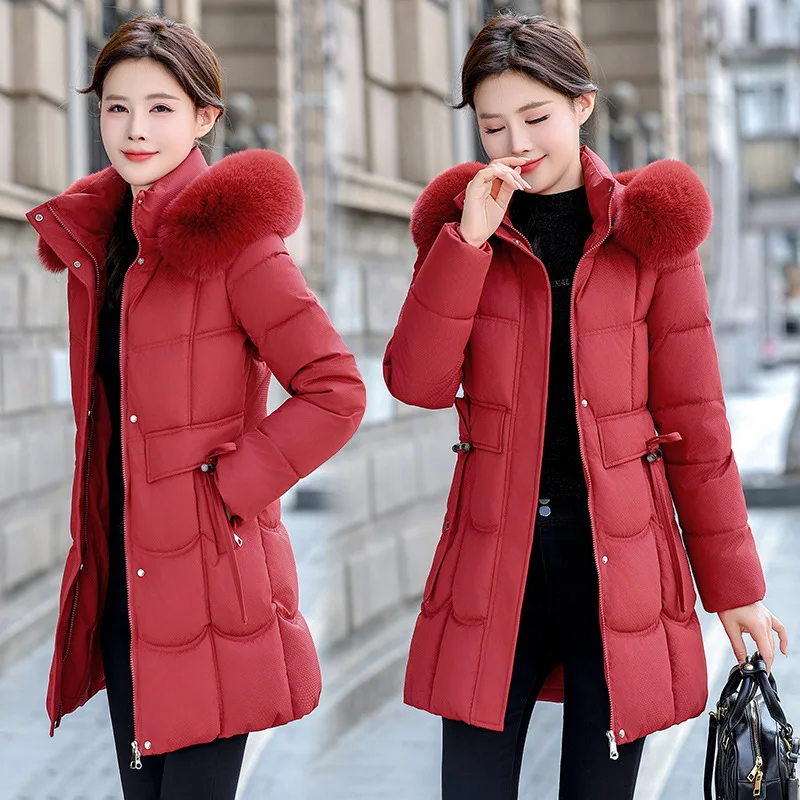 Hooded Women Parkas Coats Long Overcoat Solid Big Fur Lenth Collar Drawstring Waist Zipper Loose Thick Casual Autumn Winter 2025