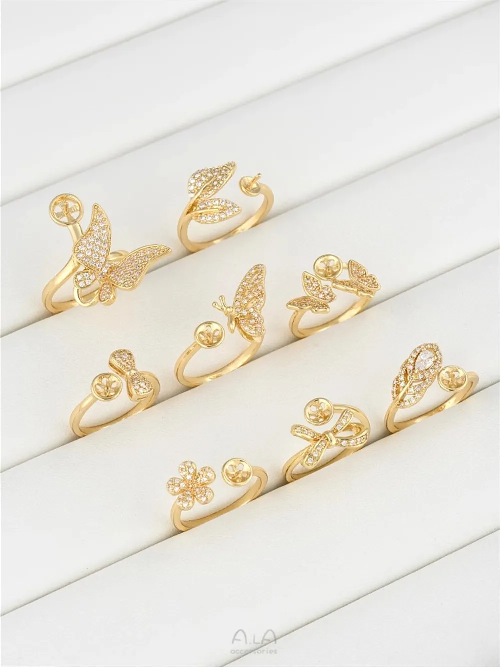 

14K Gold Package with Micro Inlaid Zircon Small Flower Leaf Butterfly Bead Holder Ring DIY Handmade Pearl Handmade Accessories